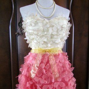 PARTY DRESS, PETITE L, ORANGE & YELLOW w FLUFFY FLOWERS ALL OVER; WEDDING FANCY